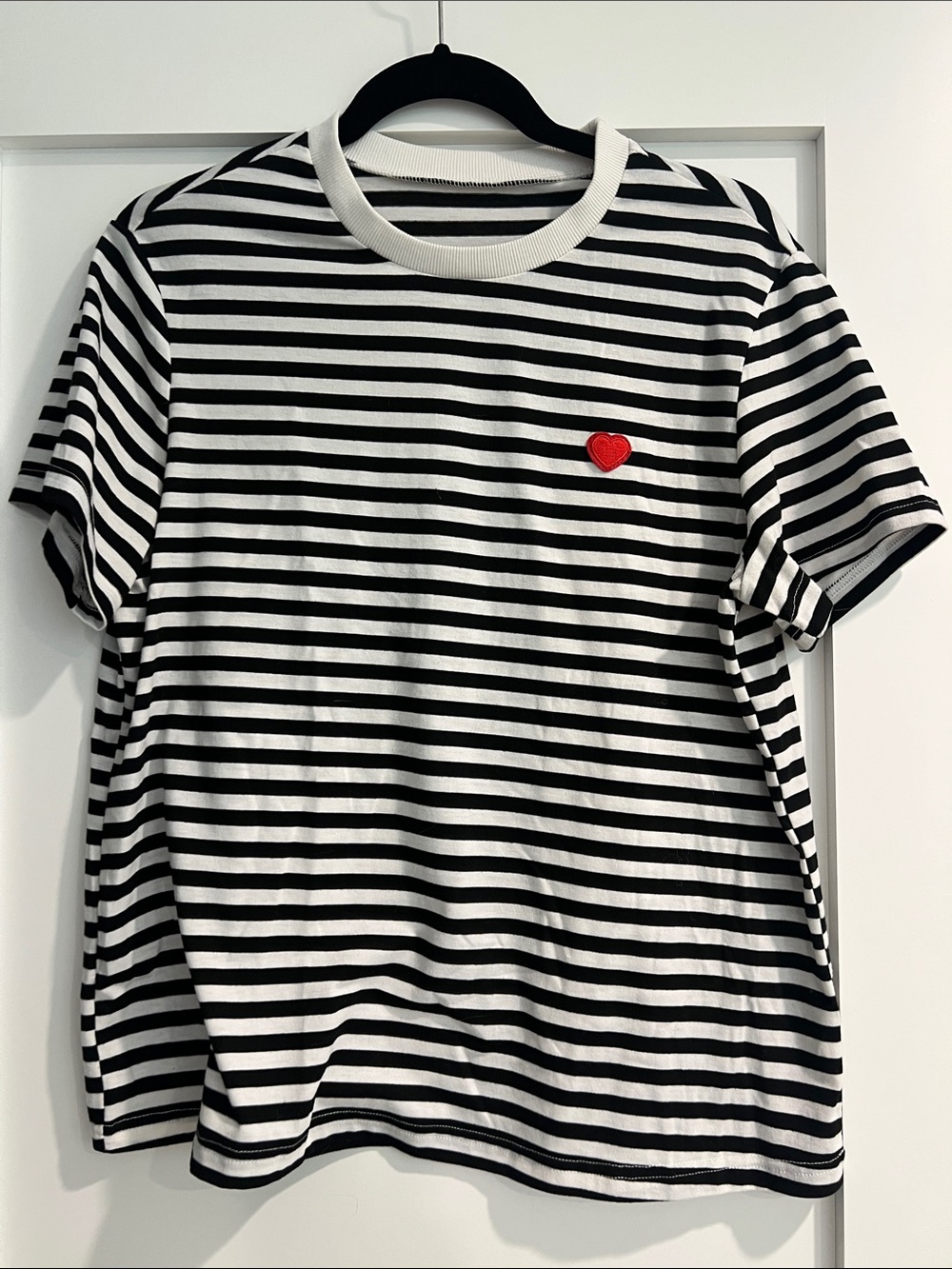 Black & White Striped Short Sleeve Tee with Red Heart Accent